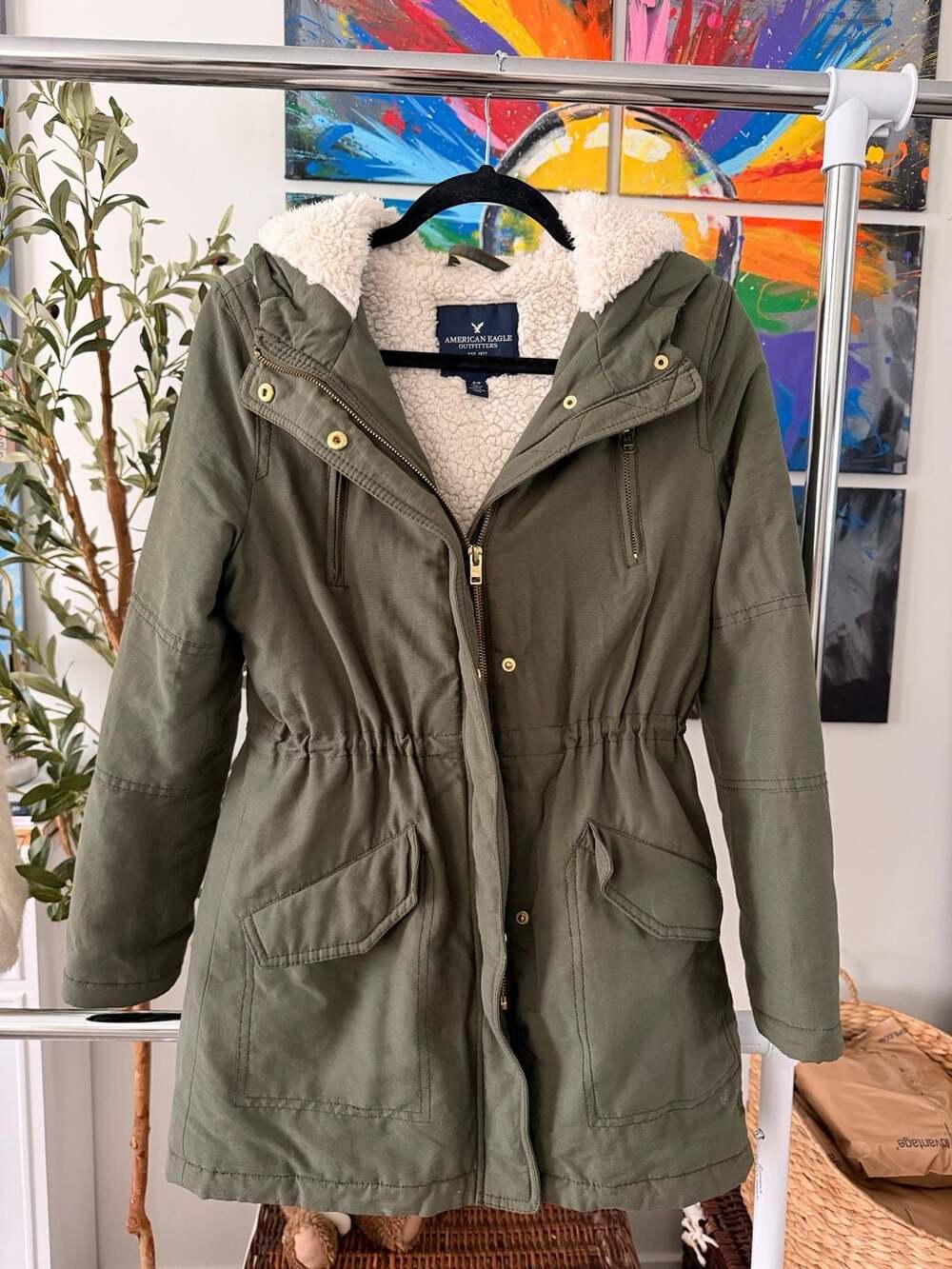 AE Women’s Olive Army Green Parka Fleeced Lined Hooded Jacket Size S